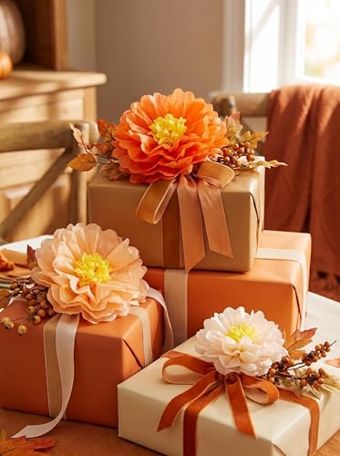 Orange Paper Flower Wall Decor - 20-Inch Large Fall & Party Decoration - Pack of 9 - Variation: Orange