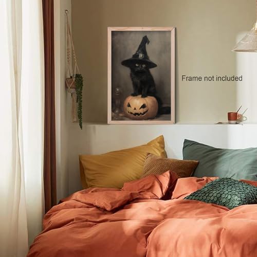 Vintage Halloween Canvas Wall Art Unframed - Black Cat Witchy Pumpkin 12x16in
