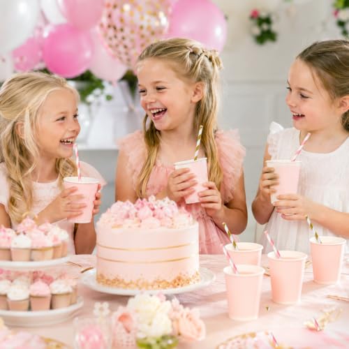 Pink and Gold Biodegradable Striped Paper Drinking Straws - 100 Pack for Parties