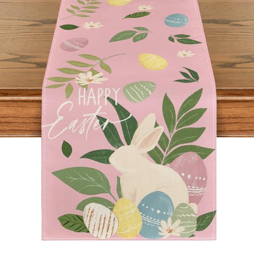 Pink Bunny Eggs Leaves 13x90 Inch Easter Table Runner Seasonal Spring Home Decor