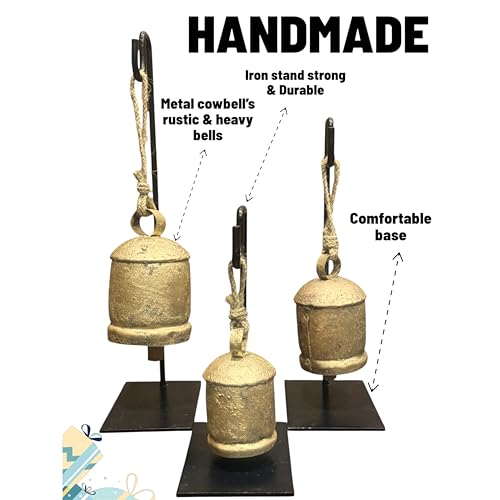 Rustic Handmade Christmas Cowbell Set with Metal Stand - Holiday Home Decor