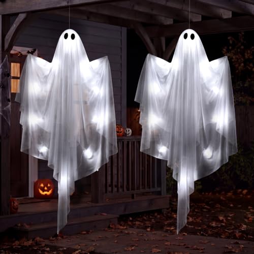 Halloween Light-Up Flying Ghost Decorations - 2 Pcs, 47 Inch, Cold White, Outdoor Indoor Haunted House Prop