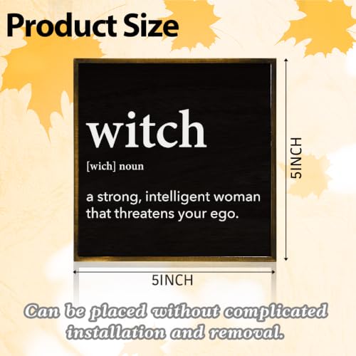 Witch Definition Halloween Wooden Decor Sign for Table Shelf - Black, 5x5 Inches - Variation: Witch