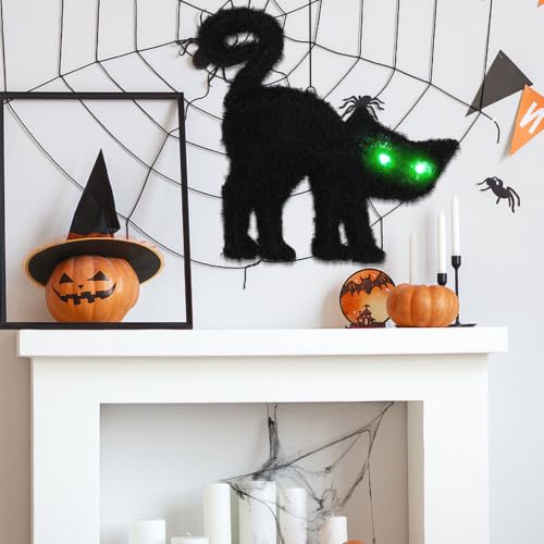 Halloween Hanging Black Cat Decoration with Glowing LED Eyes - 18.5 Inch Indoor Outdoor Decor - Black Cat Variation