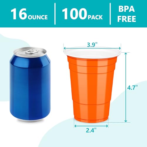 LANLISA 16 oz Orange Disposable Plastic Cups - 100 Pack for Parties