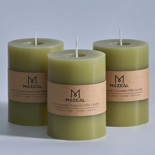 3x4 Inch Unscented Olive Green Candle Set - Dripless Moss Green Pillar Candles, Rustic Home Decor