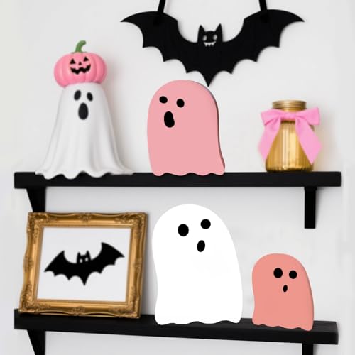 Pink Ghost Wooden Decorations Halloween Indoor Table Decor Set - Cute Ghosts