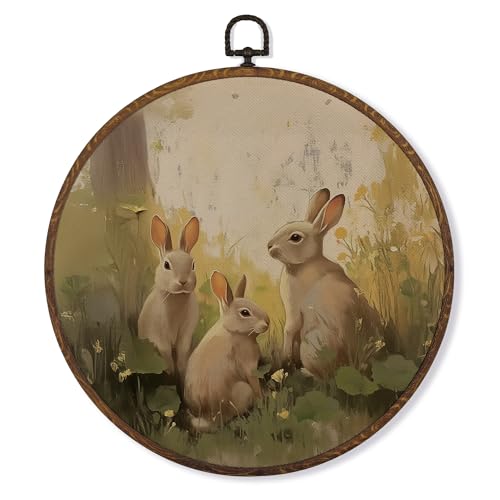Easter Bunny Wall Art Decor - Rustic Round Canvas, 10x10 Inch, Bunny Variation B