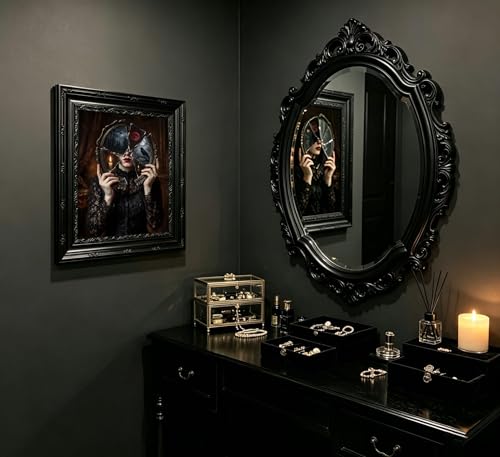 Dark Gothic Wall Art Poster - Victorian Woman with Broken Mirror, Framed, 16x12 in - Gothic Home Decor