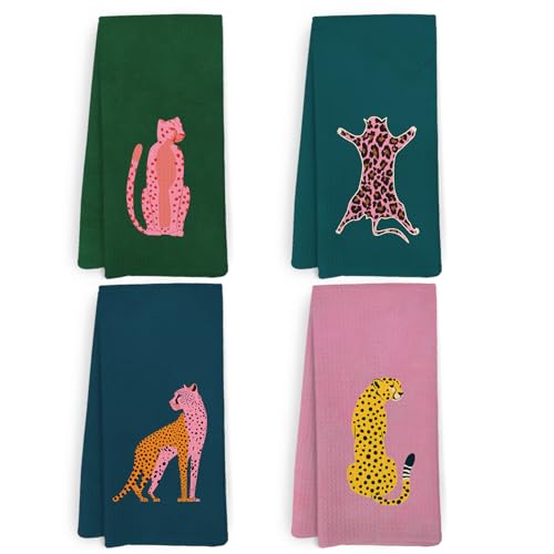 Set of 4 Preppy Cheetah Kitchen and Bathroom Towels - Pink Leopard Decor 16x24 Inches