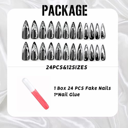 Press On Nails Long Stiletto Black Silver Ombre 3D Fake Nails - Reusable