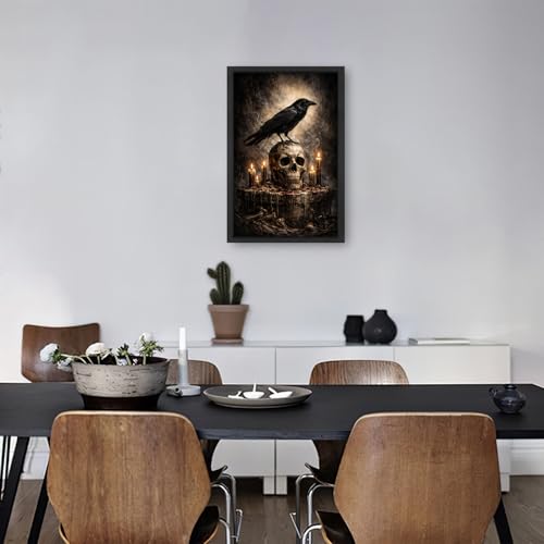 Gothic Crow Wall Art Canvas Print - Raven Skull Dark Academia Decor 24x16 in - Variation of Crow