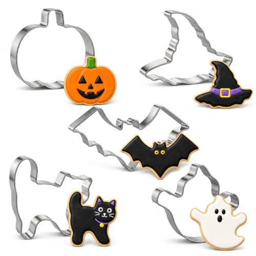 Halloween Cookie Cutter Set - 5 Shapes Pumpkin Bat Ghost Witches Hat - Stainless Steel