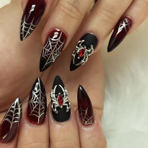 Halloween Press on Nails Medium Almond with 3D Spider Charms & Web Design - Variation of THIS listing