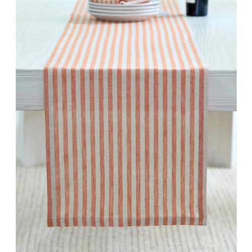 Linen Table Runner Pumpkin & Natural 14x132 Inch - Amalfi Stripe, Handcrafted