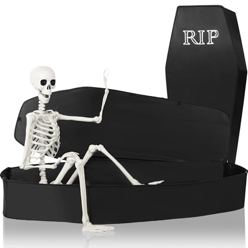 Halloween Coffin with Skeleton Set - Black, Lifelike & Collapsible
