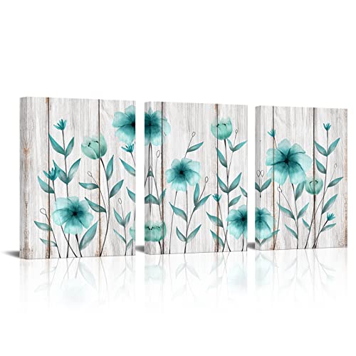 3 Piece Floral Canvas Wall Art Set - Teal Blue Flower Prints for Bedroom & Home Decor