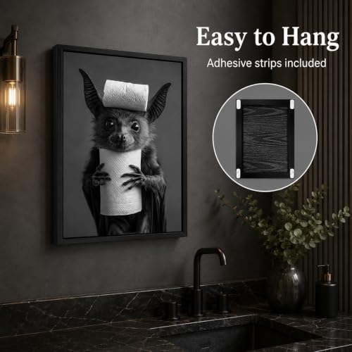 Funny Bat Bathroom Wall Art - Framed 16x12 Inch Toilet Paper Decor, Humorous Animal Restroom Canvas