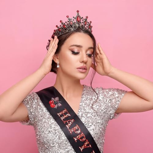 Red and Black Birthday Queen Crown & Sash Set for Women Party Decorations