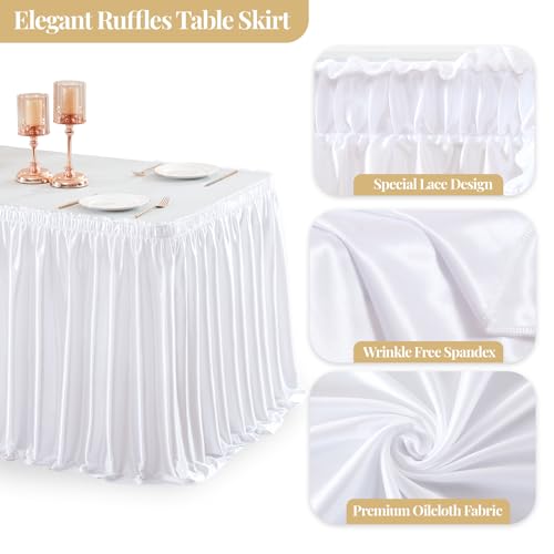 14ft White Satin Table Skirt for Rectangular Tables - Wrinkle-Free Party Decor with Glitter Ruffle - Variation: White / 168x30 Inches