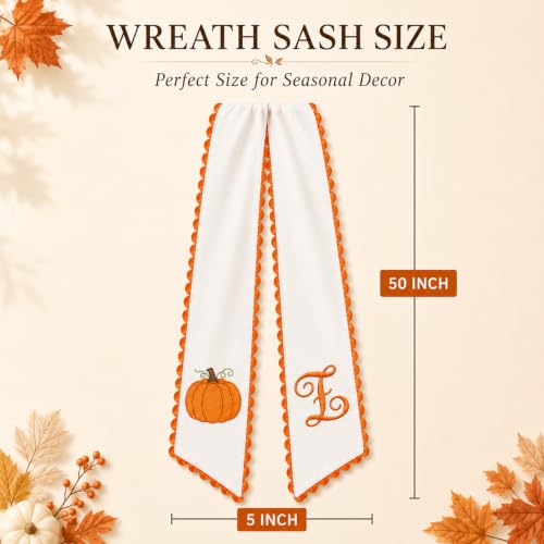 Halloween Pumpkin Wreath Sash - Fall Front Door Decor with Bow - Variation C