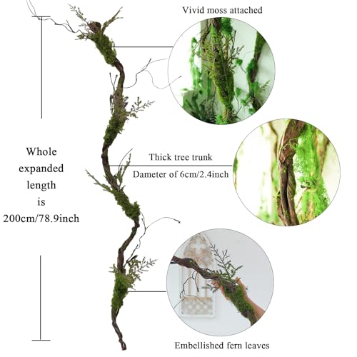78-Inch Bendable Fake Tree Trunk with Moss and Green Leaves Wall Hanging