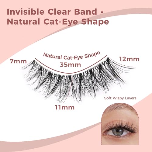 Cat Eye False Eyelashes N001 - Wispy Lightweight Fake Lashes with Clear Band, 7-Pair Set