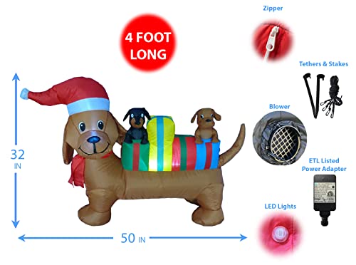 Lighted Christmas Inflatable Dog Scene with Gift Boxes - 4 Ft Holiday Yard Decor
