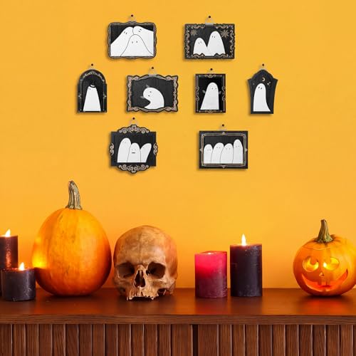 Halloween Ghost Hanging Frame Set - Black & White Wooden Decor, 9 Pieces