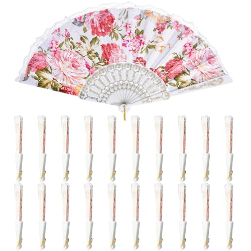 White Large Folding Silk Hand Fan - Elegant Chinese Rave Renaissance Fan for Festival & Dance - 20 Pack
