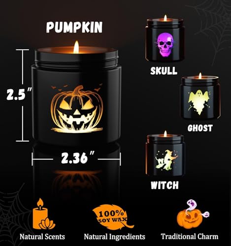 Halloween Candle Set - 4 Scented LED Carved Spooky Decor Candles with Glass Containers - Halloween Candle Set