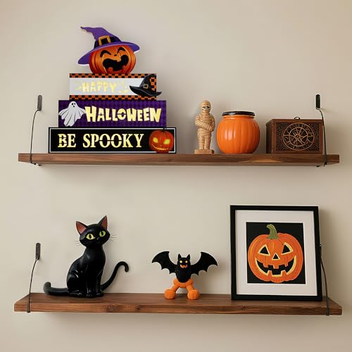 Halloween Wooden Block Set with Glowing 3D Letters and Witch-Hatted Pumpkin - Indoor Decor