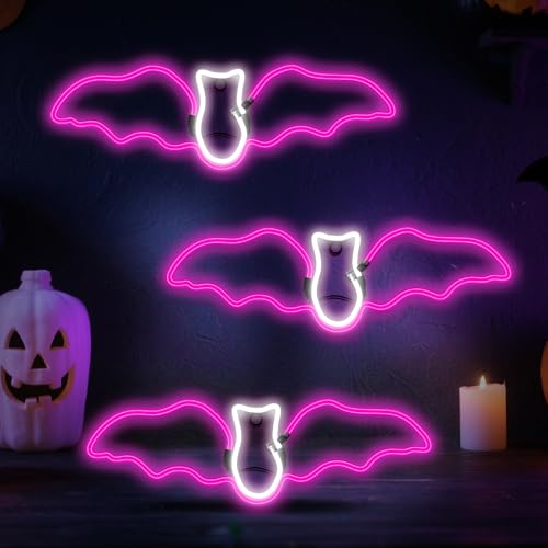 LED Neon Bat Lights Halloween Decor - 3 Pack Pink & White Hanging Bats, 20 Inches, Outdoor Waterproof