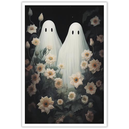 16x12 Ghost Wildflowers Halloween Wall Art Canvas Unframed - Dark Academia Decor