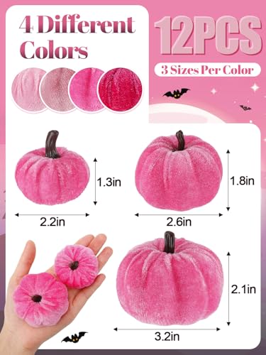 Pink Velvet Pumpkins Fall Halloween Decor - 12 Pcs Multi Pink - 3 Sizes
