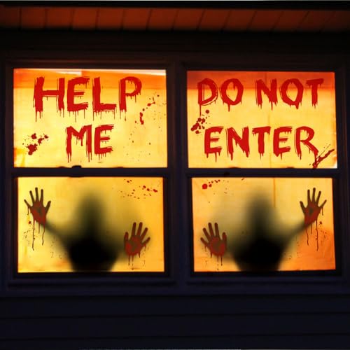 Halloween Bloody Handprint & Footprint Window Clings - Creepy Decorations, 4 Sheets, Large Size | Variation: Bloody Handprint Footprints Clings