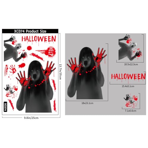Halloween Window Clings Set - Horror Skull Devil Bloody Handprints Ghost Decor