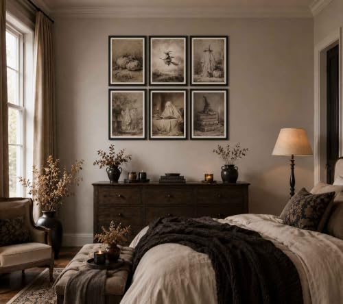 Sketch Halloween Wall Art Set - Unframed 16x12 Inches, Vintage Gothic Style