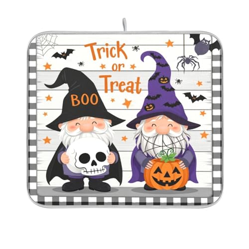Halloween Gnome Dish Drying Mat - 16x18 Inch Microfiber Kitchen Counter Pad - Festive Pumpkin Skull Design
