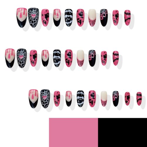 Halloween Press On Nails Set - Gothic Pink & Black Almond Fake Nails W9