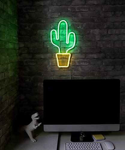 LED Neon Green Cactus Wall Sign with Yellow Planter 19x10 Inches - Indoor Decor