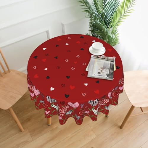 Plaid Love Hearts Valentine's Day Round Tablecloth 60 Inch Water-Resistant Washable Fabric Red Pink Black