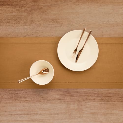 Linen Table Runner Brown Sugar 14 x 60 in Hemstitch - Handcrafted European Flax
