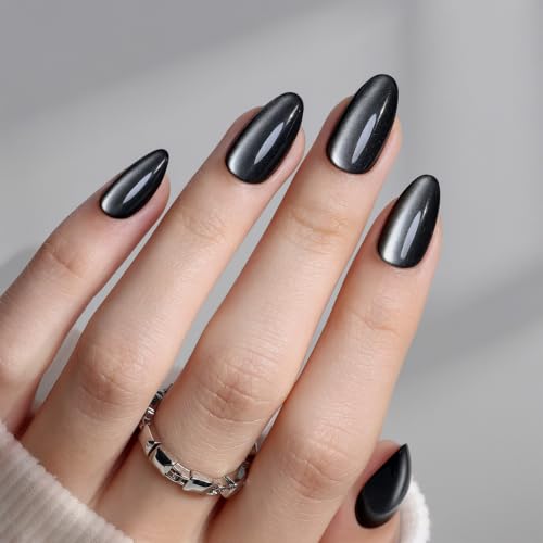 Short Almond Press-On Nails - Black Cat Eye Halloween Nails - Ink Noir 1C