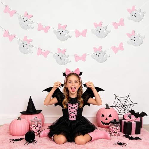Pink Bow Ghost Garland Banner Halloween Party Decor - Silver Pink Variation