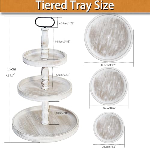 White 22-Inch Three Tier Farmhouse Decorative Tray Stand for Kitchen & Holiday Decor