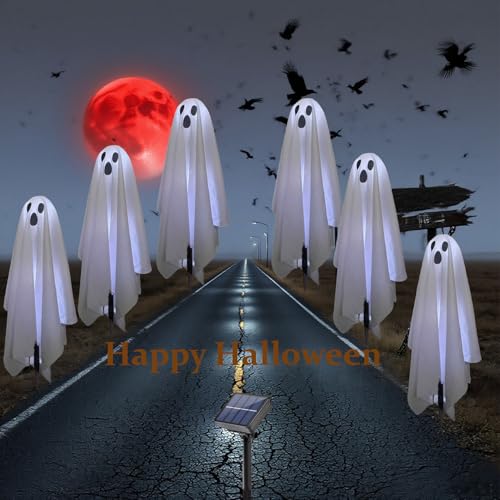 Solar Ghost Lights Outdoor Decorations - 6 Pack Spooky Pathway LED Stakes