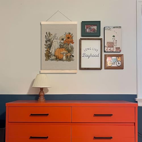 Gua Hua Halloween Fall Floral Pumpkin Ghost Wall Art Poster with Frame - 12x16 Inch Halloween Wall Decor for Home Bedroom Living Room - BearCake