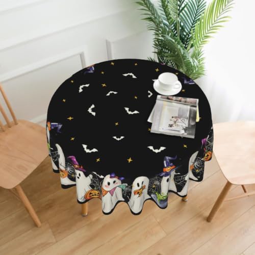 White Bat Ghost 60 Inch Water-Resistant Halloween Round Tablecloth - Reusable Decor
