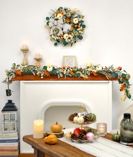 20-Inch Fall Wreath with Lights - Eucalyptus Pumpkins Autumn Decor